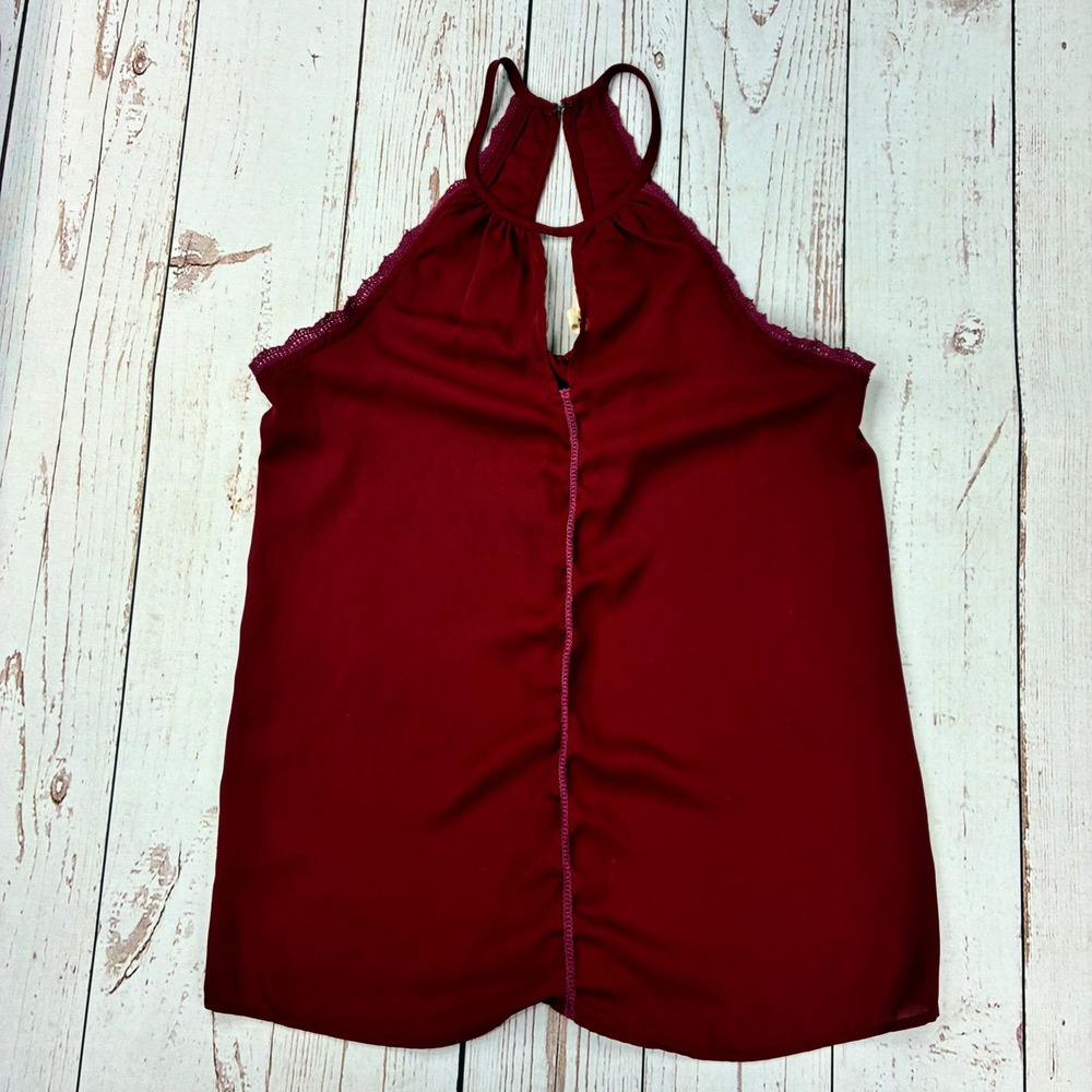 Japna Womens Burgundy Lace Trim Halter Keyhole Neck Sleeveless Top Size Small